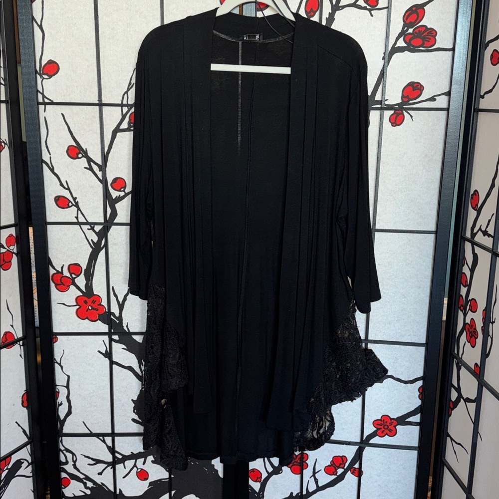 Black Lace Trim 2X Plus Size Lightweight 3/4 Sleeve Open Cardigan Duster